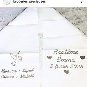 Echarpe de baptême bébé enfant brodée personnalisée prénom coeurs colombe ajout parrain marraine lin coton satin double gaze coton blanc image 2