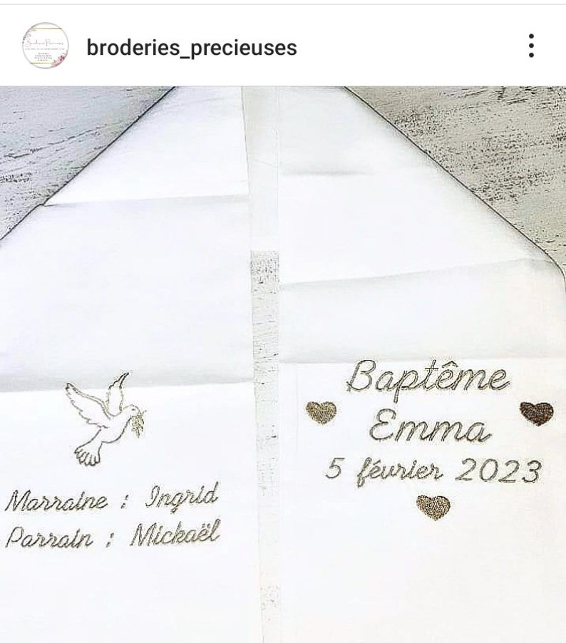 Echarpe de baptême bébé enfant brodée personnalisée prénom coeurs colombe ajout parrain marraine lin coton satin double gaze coton blanc image 2