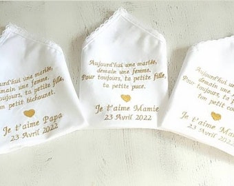 Mouchoir de mariage dentelle brodé personnalisé message au choix coton lin cadeau témoins famille mariés larmes de bonheur