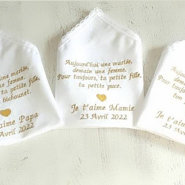 Mouchoir de mariage dentelle brodé personnalisé message au choix coton lin cadeau témoins famille mariés larmes de bonheur