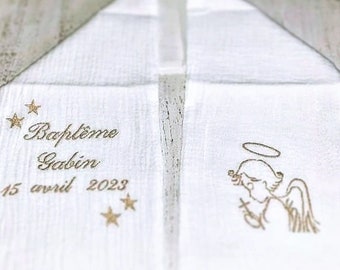 Echarpe étole de baptême bébé enfant brodée personnalisée prénom ange étoiles lin coton double gaze coton blanc linge cérémonie