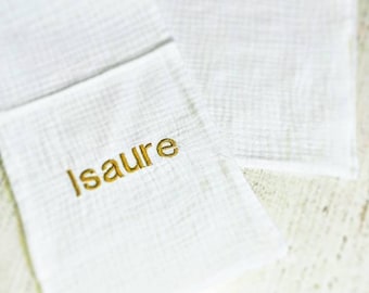 Echarpe de baptême bébé enfant brodée personnalisée prénom couleur au choix coton lin double gaze personnalised embroidery baptism scarf