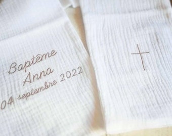 Personalized embroidered baby child baptism scarf first name small cross linen double gauze white cotton