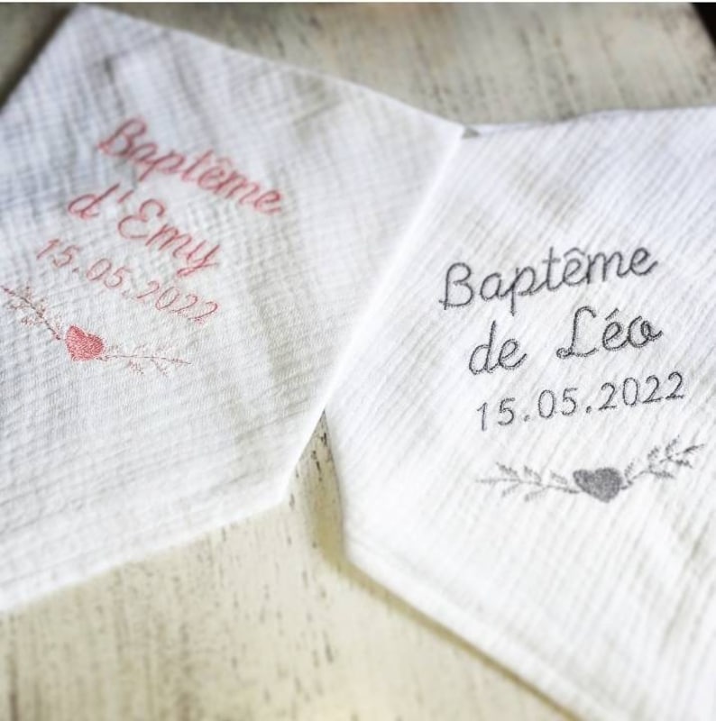 Châle étole de baptême bébé enfant double gaze brodée personnalisée prénom coeur baptism personnalised embroidery image 2