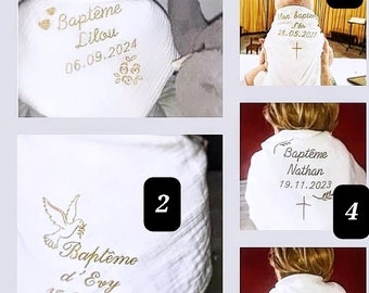 Shawl type baptism diaper baby child double gauze embroidered personalized first name models of your choice white linen ceremony