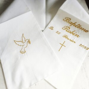 Personalized embroidered baby child baptism scarf first name cross dove linen double gauze cotton white linen religious white ceremony