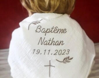 Shawl stole christening wrap baby child double gauze white embroidered personalized first name cross olive leaves