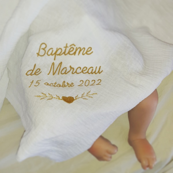Personalisierte, bestickte Babyschal/Stola mit Namen und Herz, aus doppellagiger Baumwolle, weißem Leinen, Taufgeschenk für einen besonderen Anlass