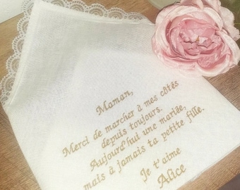 Mouchoir de mariage brodé personnalisé message texte dentelle toile de coton ou lin larmes de bonheur linen wedding cadeau témoins