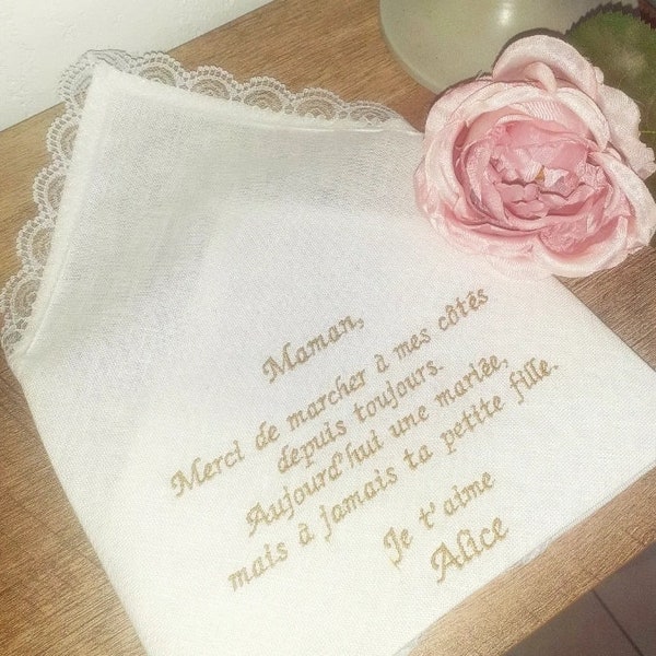 Mouchoir de mariage brodé personnalisé message texte dentelle toile de coton ou lin larmes de bonheur linen wedding cadeau témoins