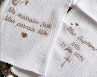 Personalized embroidered baby child christening scarf first name heart dove cross godfather godmother linen cotton double gauze white cotton
