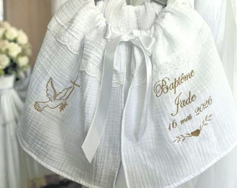 Mantella per battesimo personalizzata per neonato, nome, pizzo, ricamo inglese, doppia garza, cotone bianco, colomba, croce, cuore, lino bianco
