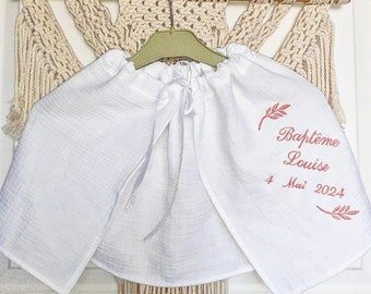Capa de bautismo ligero ceremonia de verano bebé niño personalizado bordado nombre bordado ramitas doble gasa algodón blanco