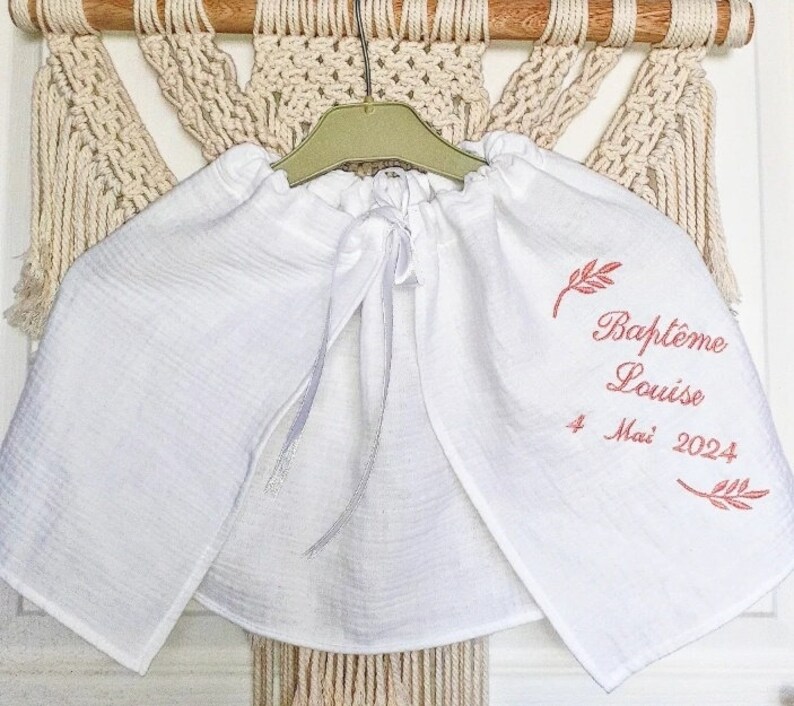 Cape de baptême légère cérémonie estivale bébé enfant brodée personnalisée prénom broderie rameaux double gaze coton blanc image 10