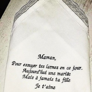 Mouchoir de mariage souvenir dentelle brodé personnalisé message au choix coton lin cadeau témoins famille mariés larmes de joie image 2