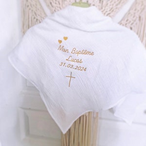 Shawl Baby child baptism wrap personalized embroidered first name cross hearts double gauze cotton white linen for baptism battessimo ceremony