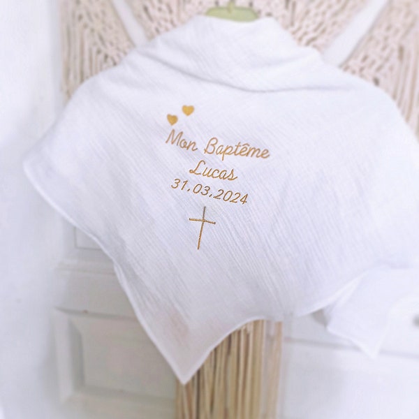 Châle Lange de baptême bébé enfant brodé personnalisé prénom croix coeurs double gaze coton linge blanc pour cérémonie baptism battessimo