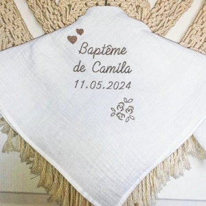 White linen shawl baptism ceremony baby child double gauze cotton embroidered personalized first name heart country flowers personalized baptism