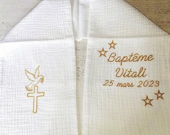 Echarpe de baptême bébé enfant brodée personnalisée prénom étoiles colombe baptism scarf children personnalised embroidery present