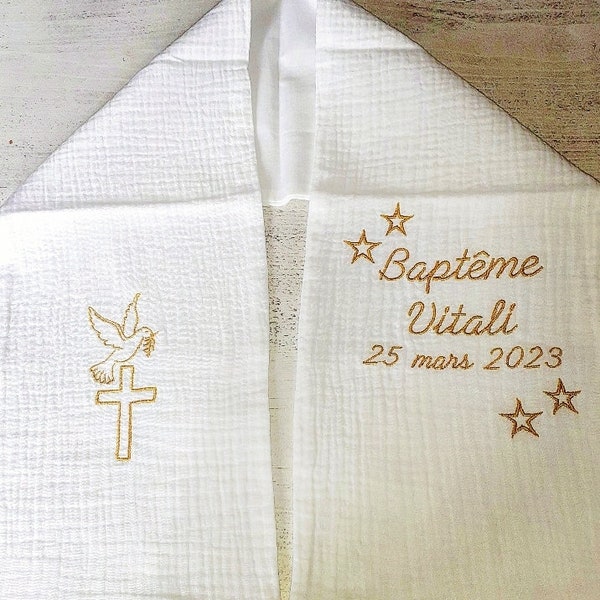 Echarpe de baptême bébé enfant brodée personnalisée prénom étoiles colombe baptism scarf children personnalised embroidery present