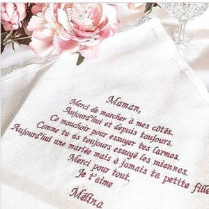 Wedding handkerchief souvenir lace embroidered personalized message of your choice cotton linen gift witnesses family married tears of joy