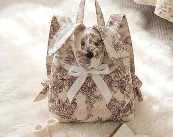 Baby/Toddler Backpack with Bear or Rabbit Design - First Day of Nursery School/Daycare - Soft Toy/Change of Clothes - Embroidered and Personalized with Name - Toile de Jouy Print