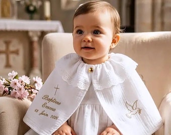 Cape de baptême bébé enfant brodée personnalisée prénom broderie anglaise double gaze coton blanc colombe