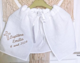 Capa de bautismo ligera ceremonia de verano bebé niño personalizado bordado nombre cruz patrón doble gasa algodón blanco