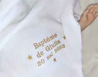 Baby child baptism shawl embroidered personalized first name stars white linen ceremony baptism taufe batismo battesimo embroidery