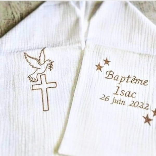 Echarpe etole de baptême bébé enfant brodée personnalisée prénom lin coton double gaze blanc étoiles croix colombe linge blanc cérémonie