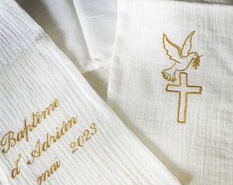 Echarpe de baptême bébé enfant brodée personnalisée prénom croix colombe toile de lin coton double gaze blanc