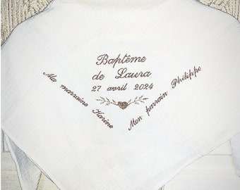 Shawl stole baby baptism wrap double gauze cotton oekotex white embroidered personalized first name godfather godmother heart baptism battessimo taufe