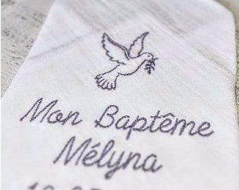 Mouchoir souvenir de baptême brodé personnalisé prénom colombe lange double gaze coton lin blanc cadeau parrain marrain embroidery baptism