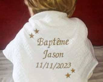 Châle type lange étole linge blanc de baptême bébé enfant double gaze coton brodé personnalisé prénom étoiles cadeau baptism personnalised
