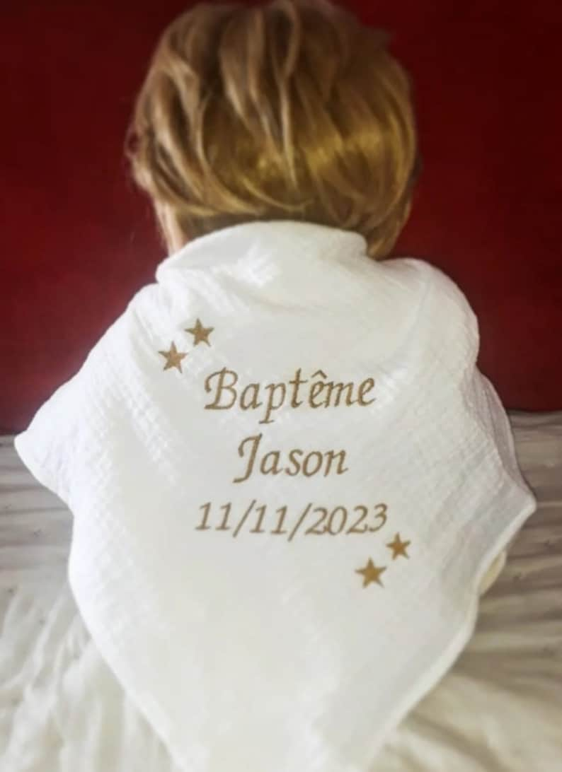 Châle type lange étole linge blanc de baptême bébé enfant double gaze coton brodé personnalisé prénom étoiles cadeau baptism personnalised image 1