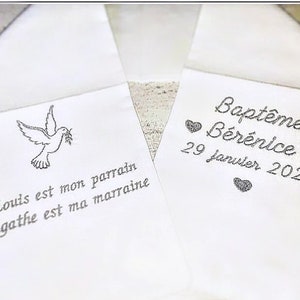 Echarpe de baptême bébé enfant brodée personnalisée prénom coeurs colombe ajout parrain marraine lin coton satin double gaze coton blanc image 1