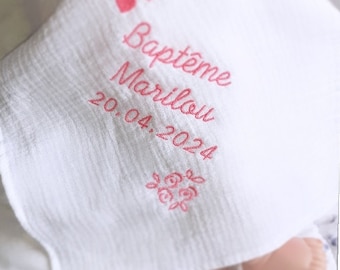 Chale linge blanc cérémonie baptême bébé enfant double gaze coton brodé personnalisé prénom coeur champêtre personnalised embroidery baptism