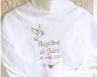 Châle étole de baptême bébé enfant double gaze brodée personnalisée prénom coeur colombe baptism personnalised embroidery