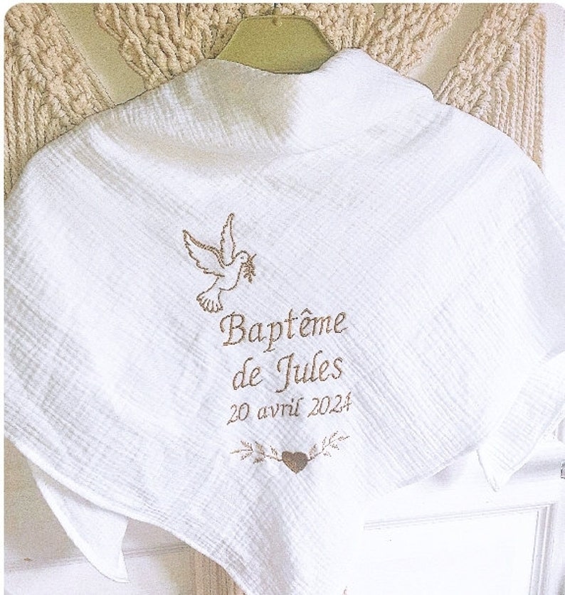 Baby child baptism stole shawl double embroidered gauze personalized first name heart dove baptism personalized embroidery image 1