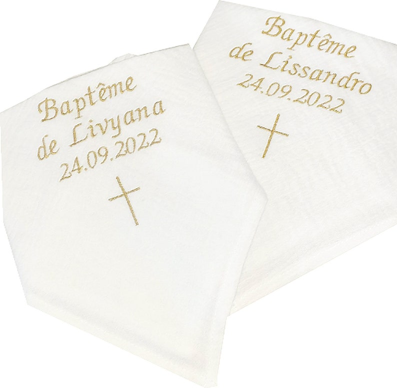 Chale lange de baptême bébé enfant brodé personnalisé prénom croix double gaze cadeau linge blanc de cérémonie religieuse baptism image 4