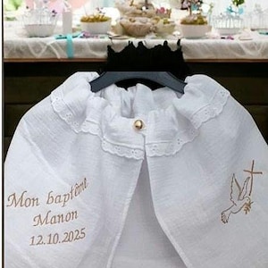 Personalized embroidered baby/child christening cape with name, lace, eyelet embroidery, double gauze white cotton, dove cross, white linen
