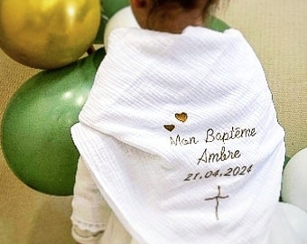 Châle Lange de baptême bébé enfant brodé personnalisé prénom croix coeurs 8 tailles double gaze coton linge blanc baptism battessimo
