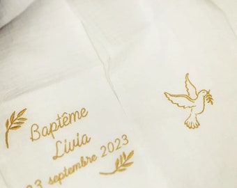 Echarpe de baptême bébé enfant brodée personnalisée prénom lin coton double gaze colombe feuilles d olivier baptism personnalised embroidery
