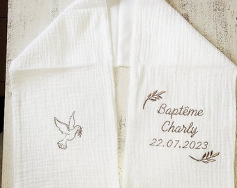 Echarpe de baptême bébé enfant brodée personnalisée prénom lin coton double gaze colombe feuilles d olivier baptism personnalised embroidery