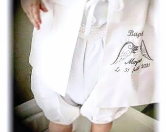 Echarpe de baptême bébé enfant brodée personnalisée prénom ailes d'ange coton lin double gaze coton oekotex blanc cérémonie