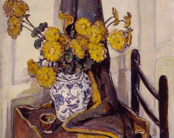 Still Life with Yellow Flowers - Artist Russell Cheney - Fine Art Framed Print On Canvas