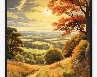 May include: A painting of a rural landscape with a winding path leading to a small house in the distance. The scene is bathed in warm, golden light, with a bright sun shining through the clouds. The trees are a mix of green and orange, suggesting autumn.