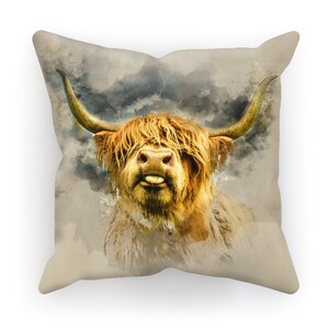Cojín Highland Cattle n.º 6 con estampado Highland Cattle en lino, ante sintético o lona de algodón