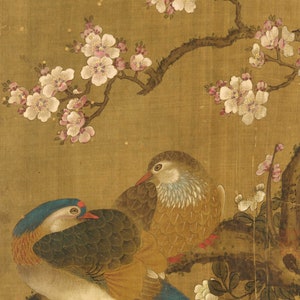 Asian watercolor painting on silk paper, Bird with Orange and White  Flowers, 8×20 in.