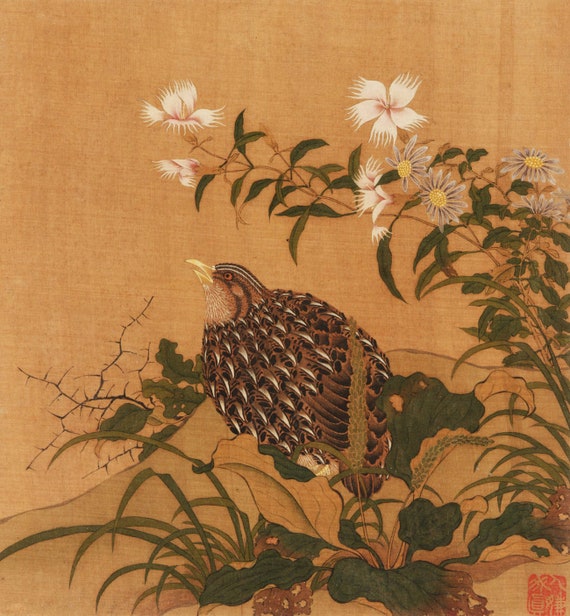 明代絹本水墨画「鶉花図」（デジタルファイル） - Etsy 日本